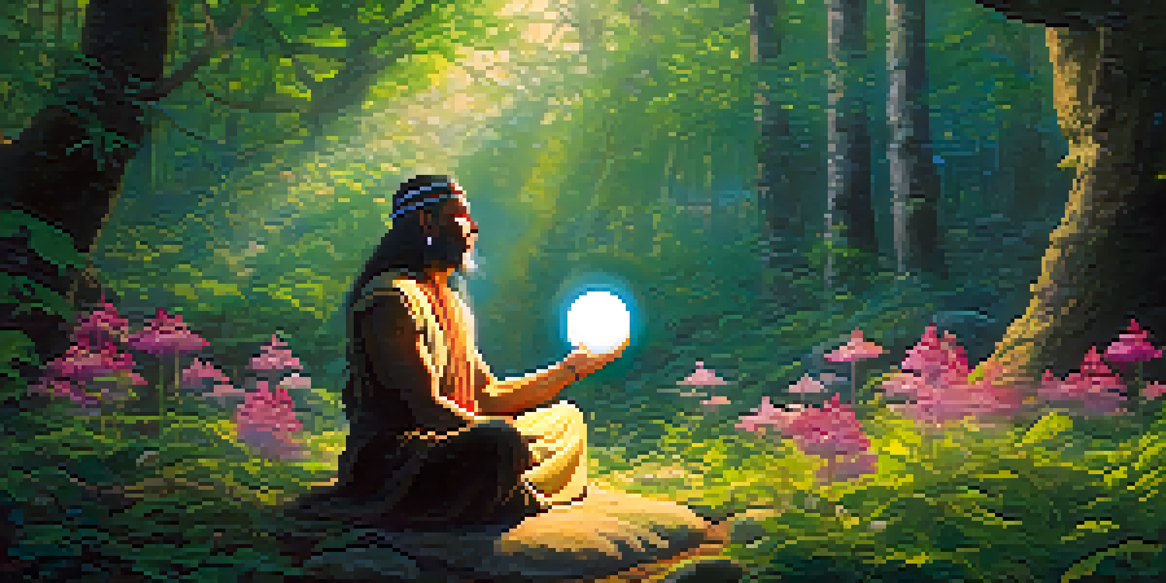 An ancient shaman meditating in a forest clearing, surrounded by flowers and greenery, with a glowing orb of light above him.