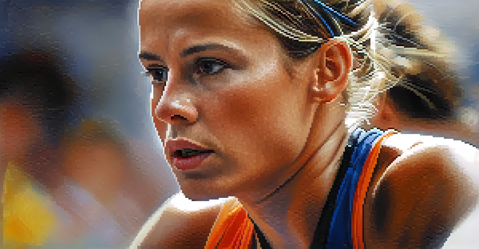 A close-up portrait of an athlete showing determination and focus, with a blurred nature background.