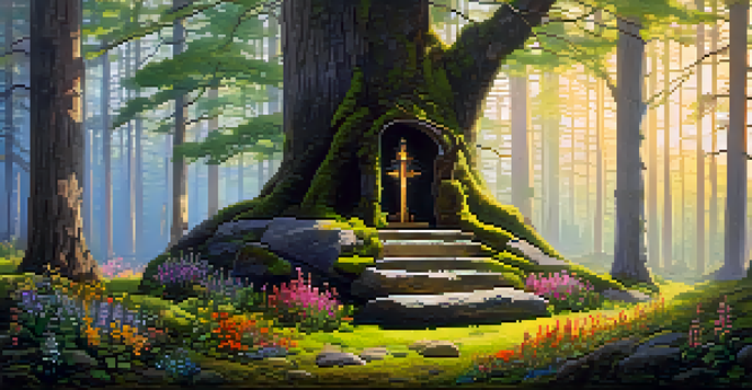 A peaceful forest with sunlight breaking through trees, highlighting a small wooden altar with natural decorations.