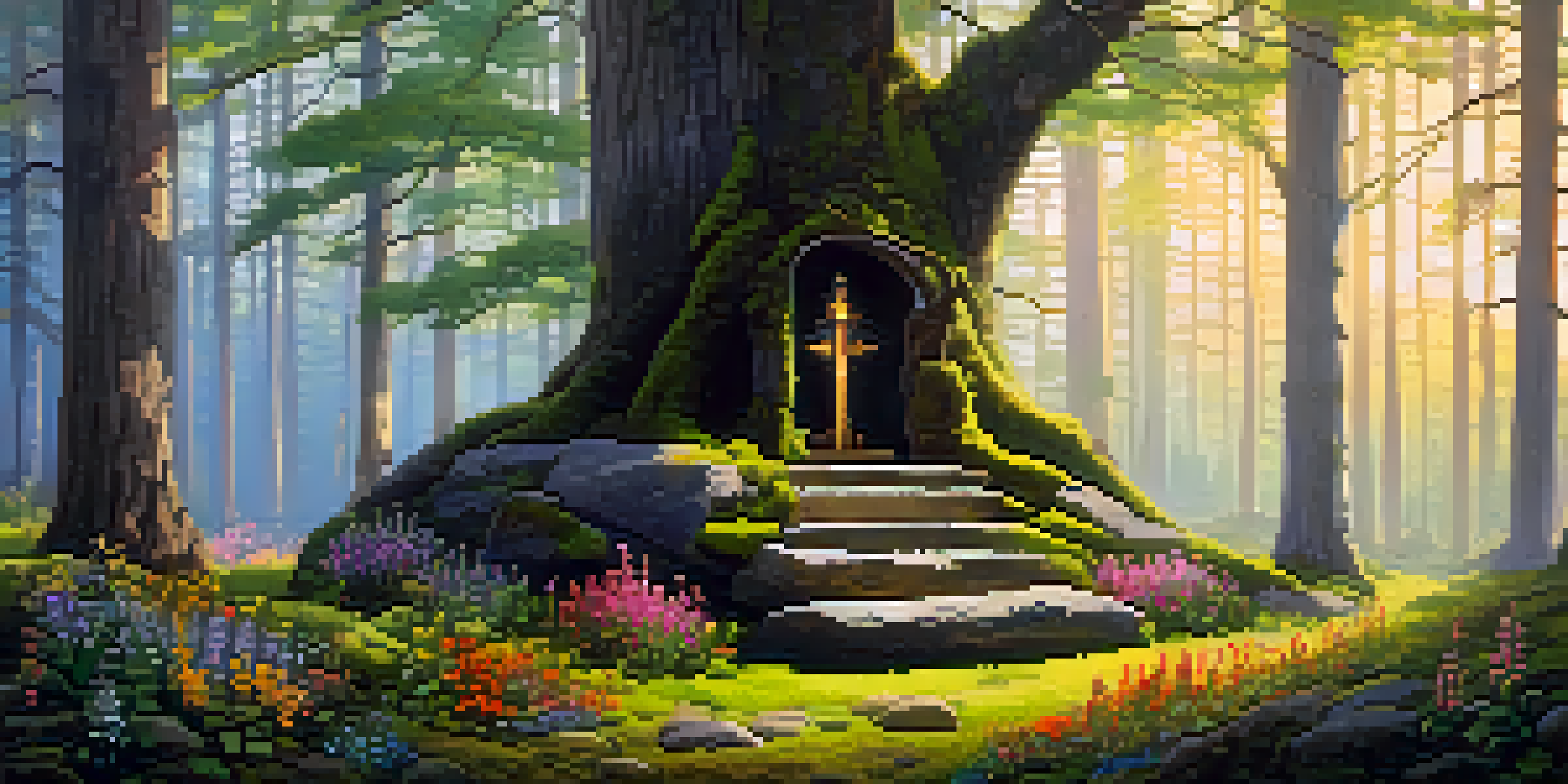 A peaceful forest with sunlight breaking through trees, highlighting a small wooden altar with natural decorations.