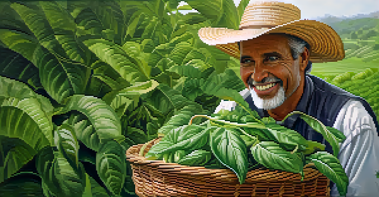 A farmer smiling while holding a basket of entheogenic plants in a lush green environment, showcasing sustainable farming.