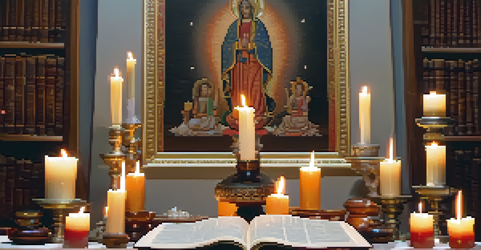 A close-up of an altar with candles, crystals, and sacred texts, creating a tranquil and inviting spiritual space.
