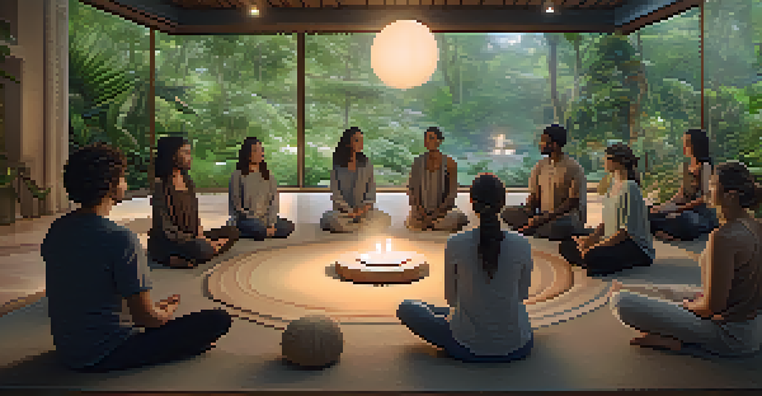 A group of individuals in a tranquil retreat space, meditating together with a focus on connection and self-discovery.