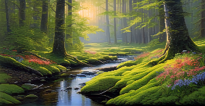 A peaceful forest scene at dawn, with golden light, green moss, and a small stream.