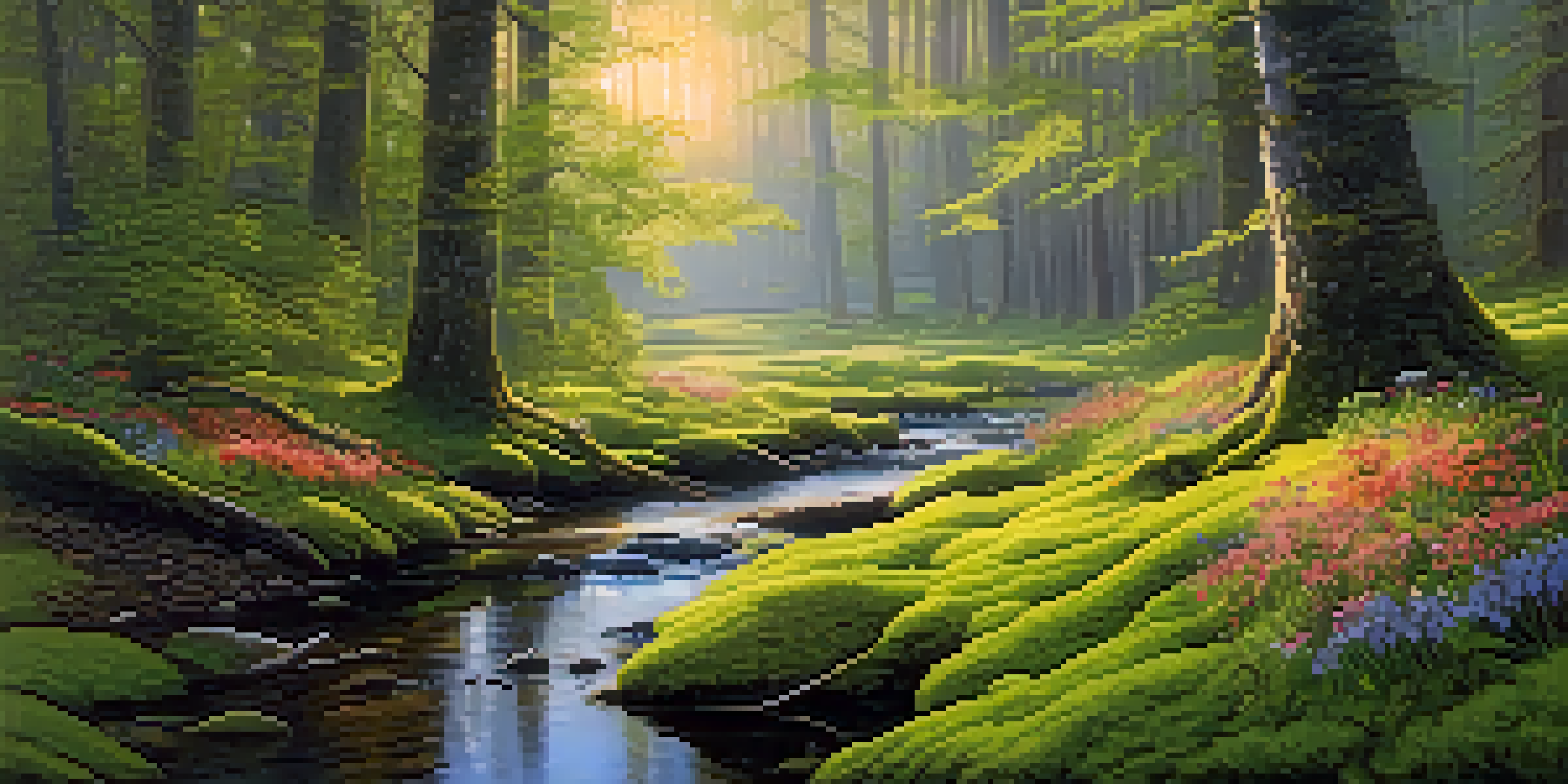 A peaceful forest scene at dawn, with golden light, green moss, and a small stream.