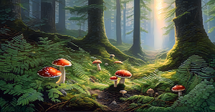 A tranquil forest scene during dawn with mist and sunlight filtering through leaves, highlighting colorful mushrooms and greenery.
