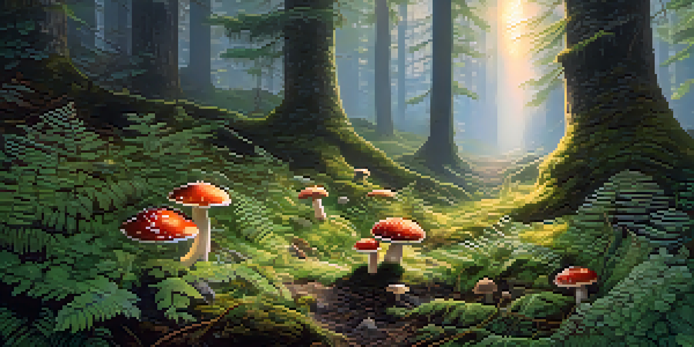 A tranquil forest scene during dawn with mist and sunlight filtering through leaves, highlighting colorful mushrooms and greenery.