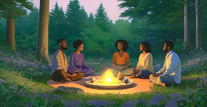 A peaceful forest scene at twilight with diverse individuals meditating in a circle, surrounded by trees and flowers.