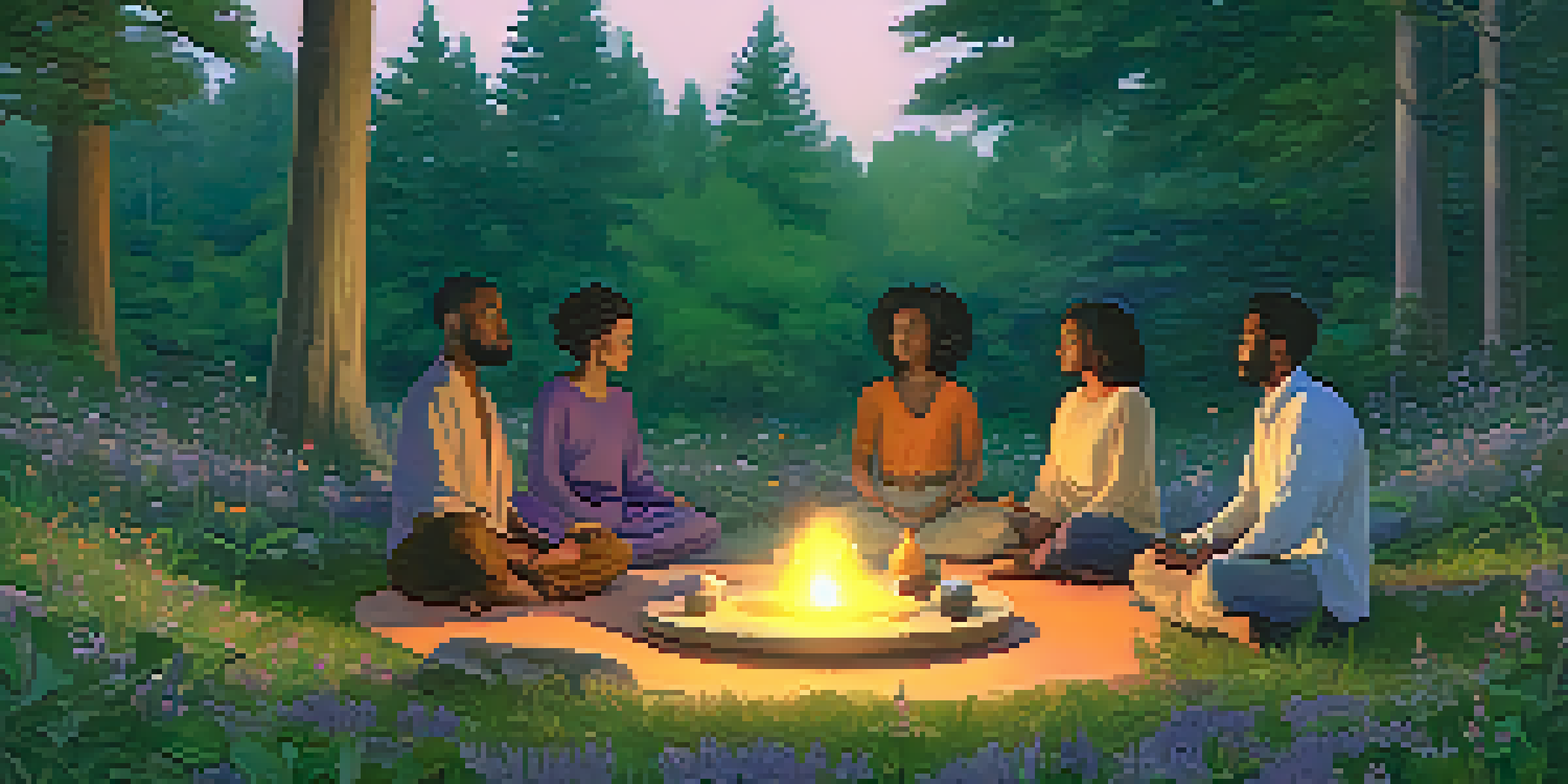 A peaceful forest scene at twilight with diverse individuals meditating in a circle, surrounded by trees and flowers.