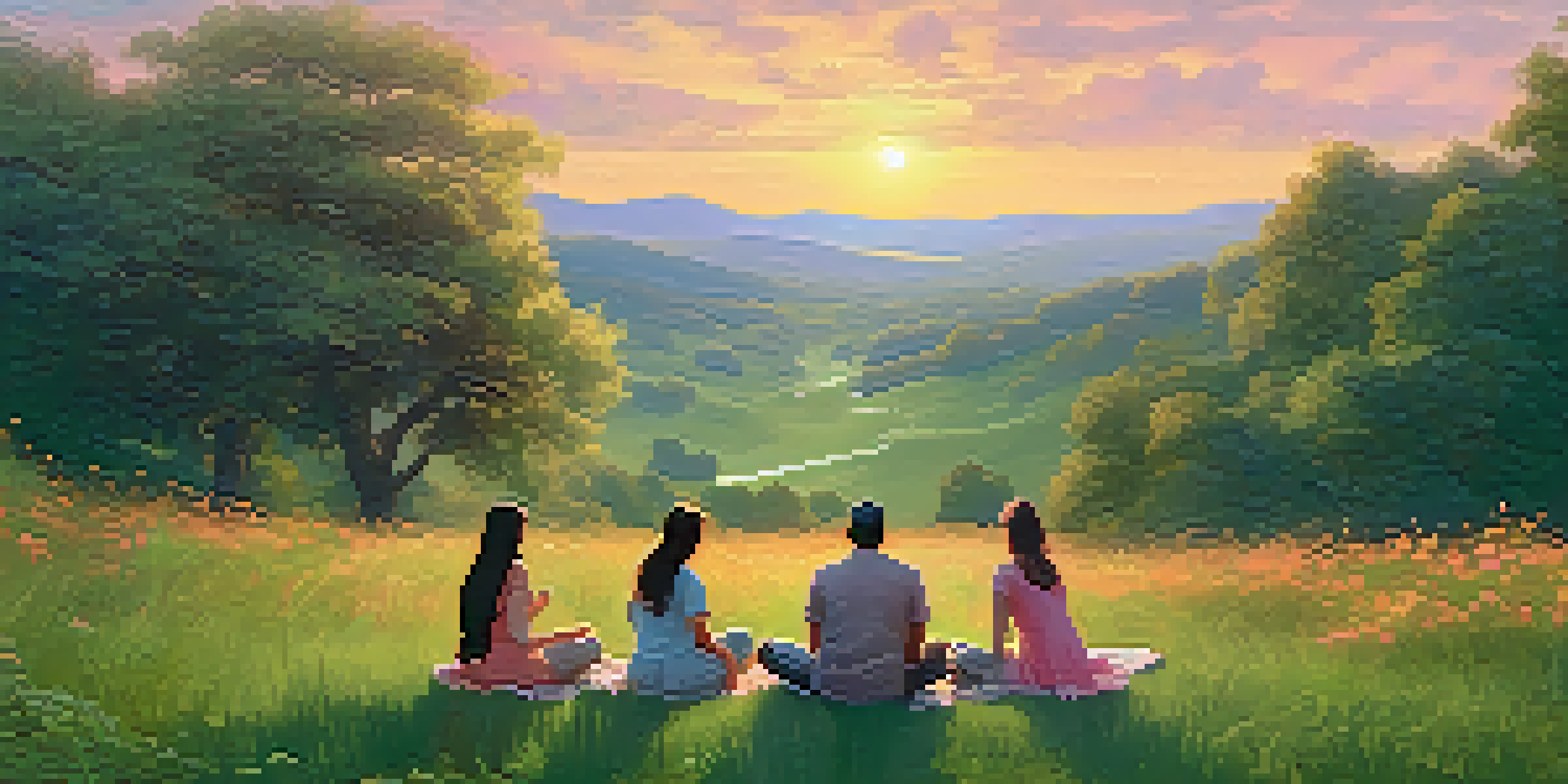 A diverse group of people sitting in a circle on a meadow during sunset, sharing thoughts with warm colors in the sky.