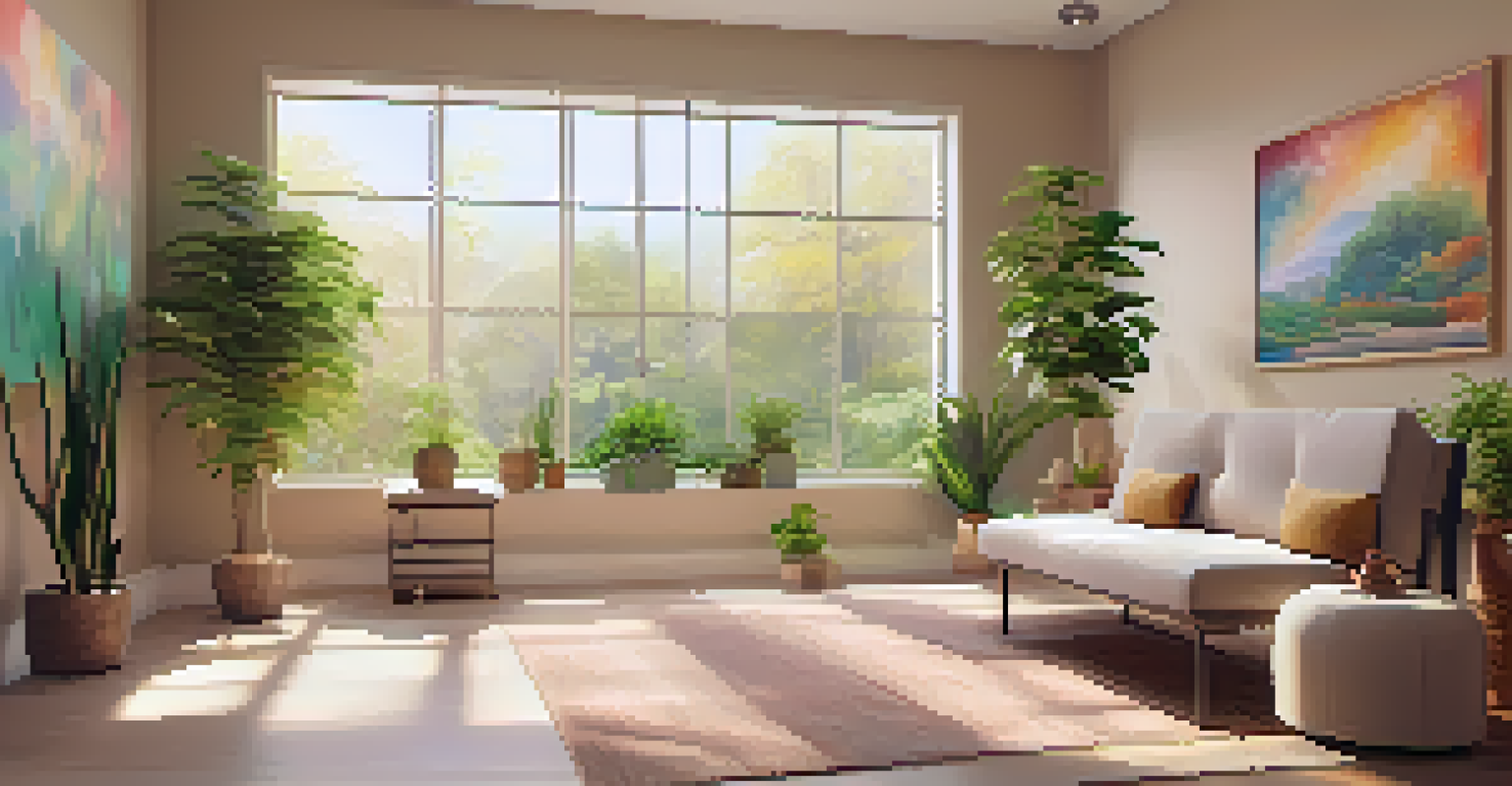 A calming therapy room with comfortable seating, soft lighting, and plants, designed for psychedelic therapy.