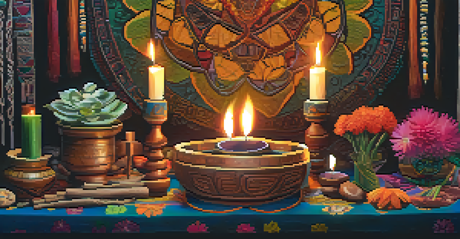 A close-up of an ayahuasca ceremony altar with flowers and candles, showcasing intricate details in a warm atmosphere.