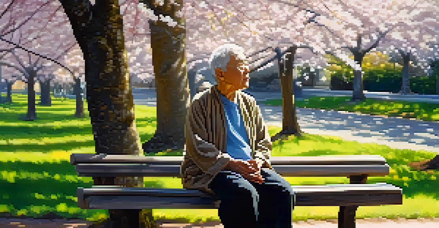 An older adult meditating on a bench in a park filled with cherry blossom trees, radiating peace and mindfulness.