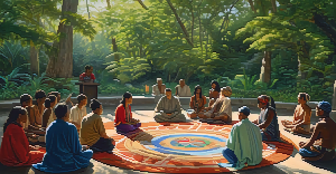 A group of people in a circle participating in a traditional entheogen ceremony in a lush natural setting, with sunlight filtering through the trees.