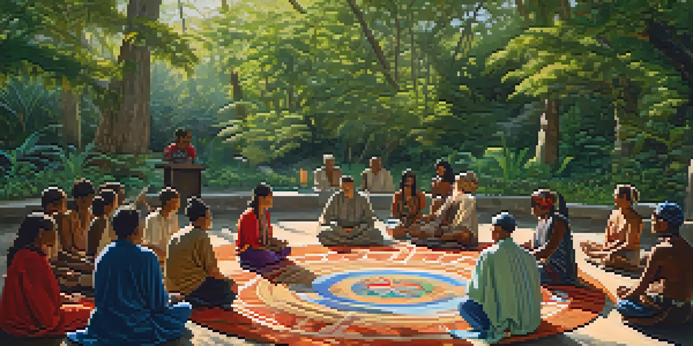 A group of people in a circle participating in a traditional entheogen ceremony in a lush natural setting, with sunlight filtering through the trees.