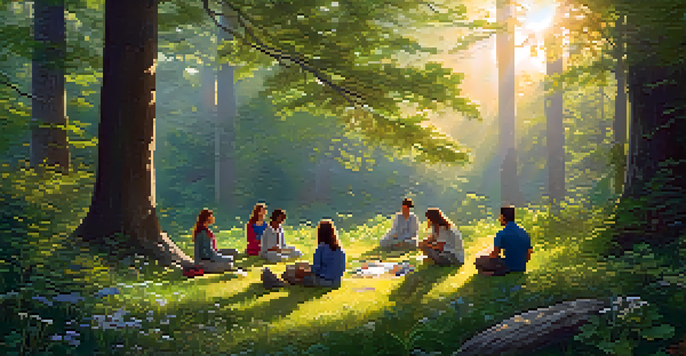 A vibrant forest with sunlight shining through trees, where a diverse group of people is meditating in a circle, surrounded by greenery and flowers.