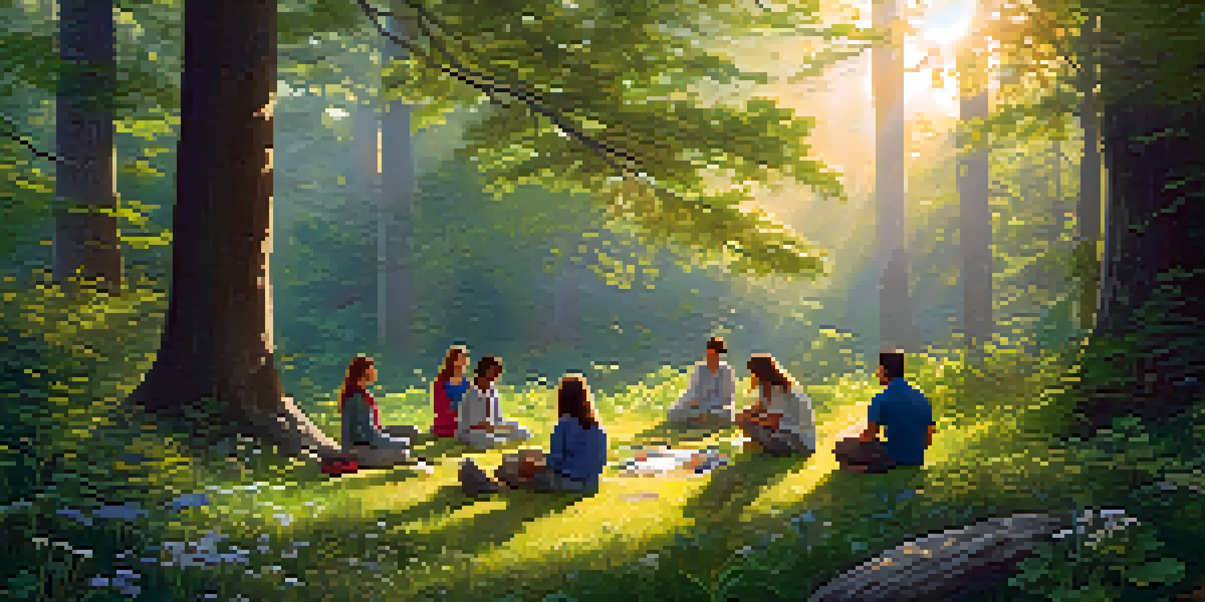 A vibrant forest with sunlight shining through trees, where a diverse group of people is meditating in a circle, surrounded by greenery and flowers.
