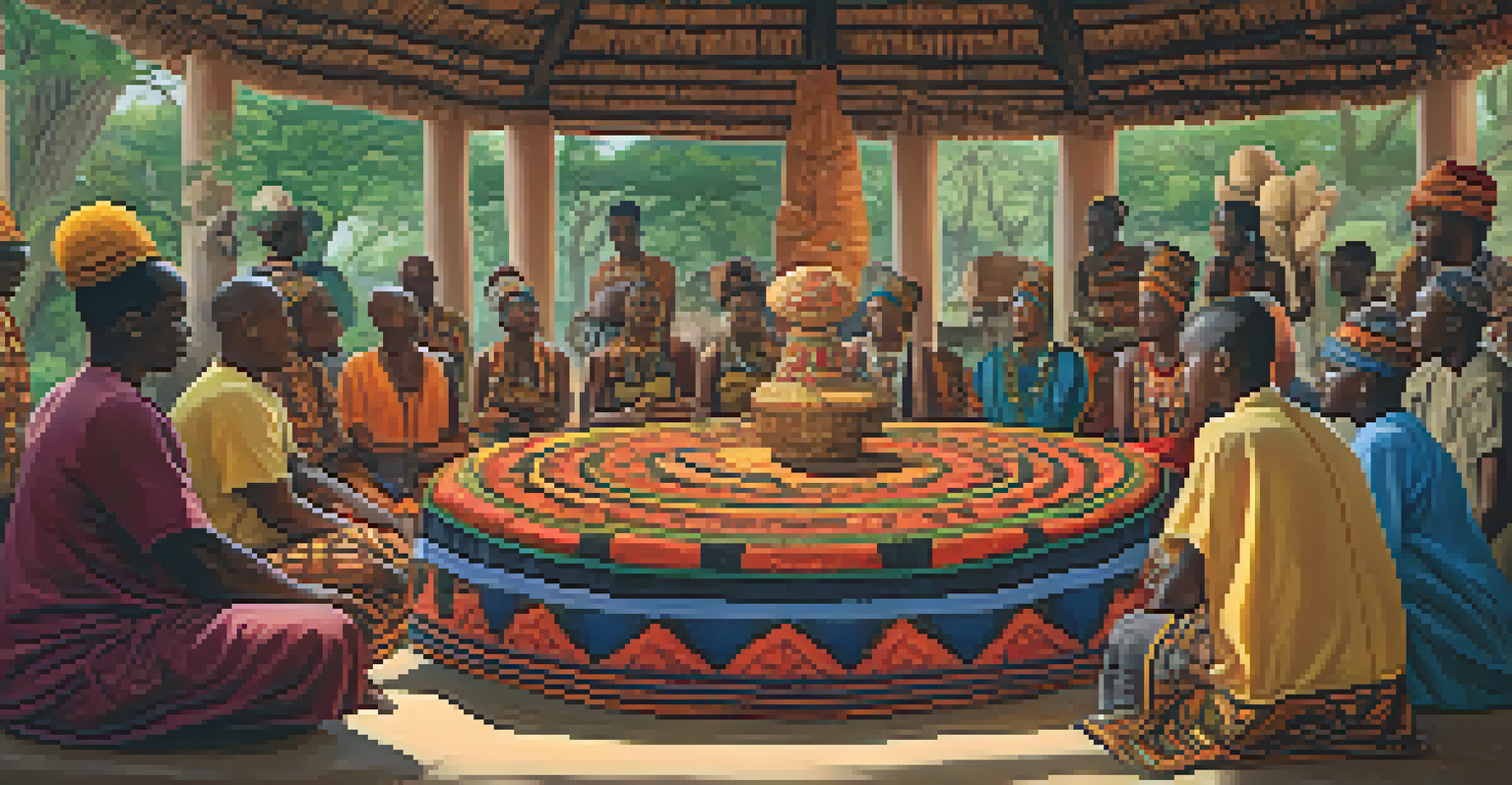 A traditional African ceremony with people gathered around a mushroom altar, surrounded by colorful fabrics and glowing lanterns.