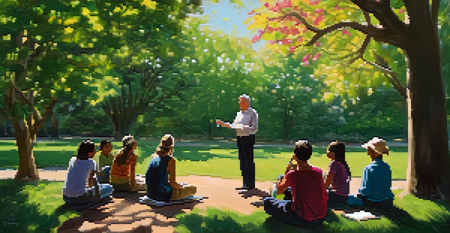 A facilitator leading an outdoor workshop in a park, with participants attentively listening surrounded by greenery and sunlight.