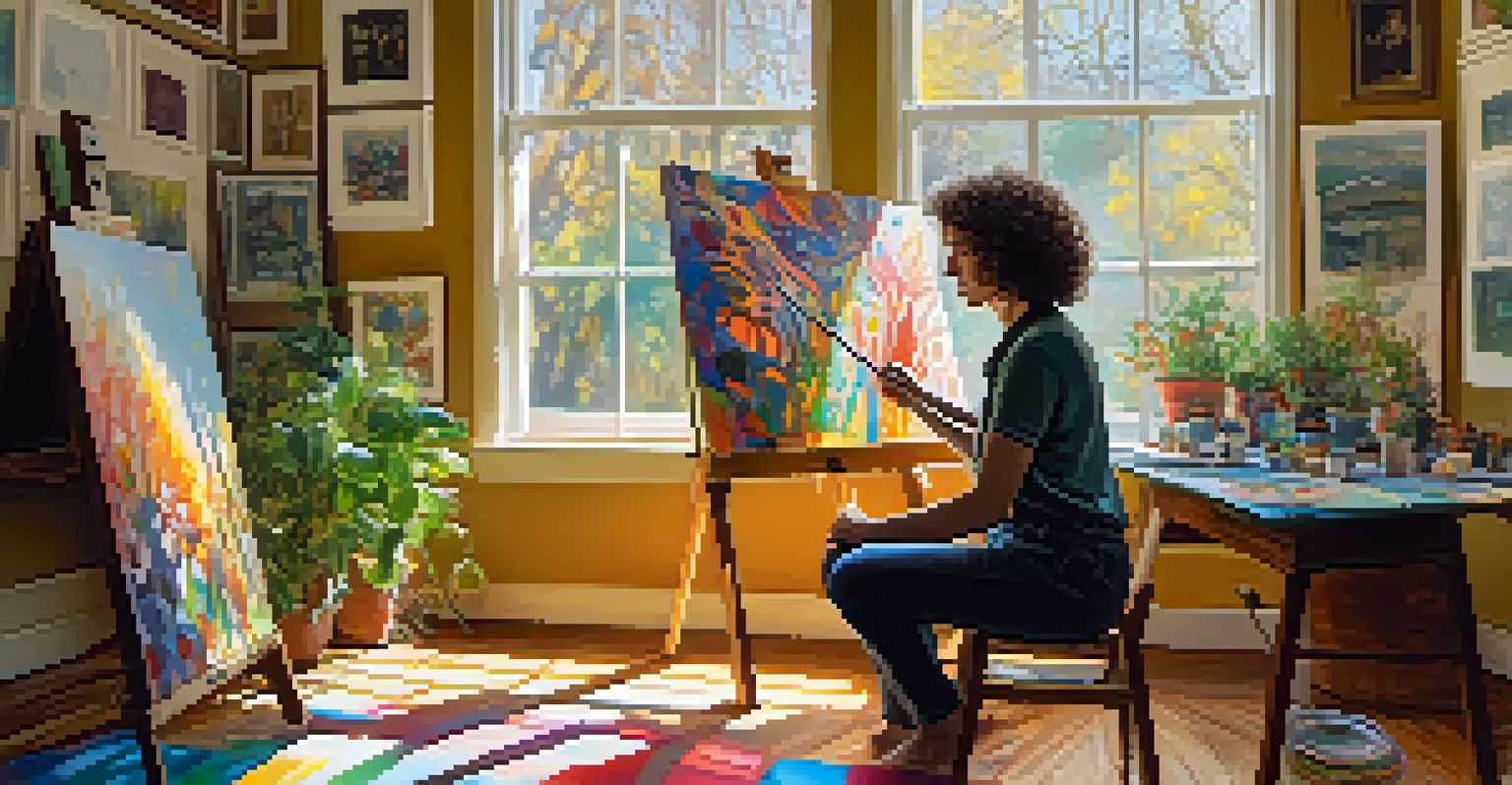 An artist in a sunlit studio painting abstract psychedelic art, surrounded by colorful canvases and plants.