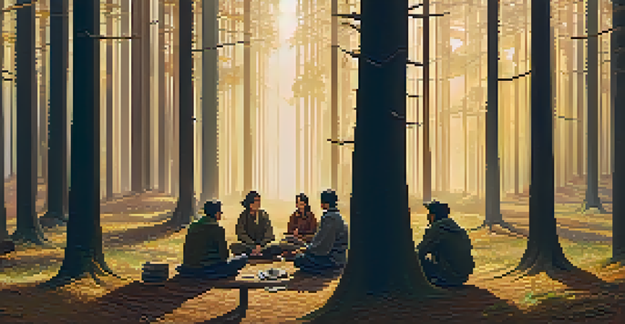 A diverse group of people sitting in a circle on the forest floor in a serene forest at dawn, with golden light filtering through the trees, showing expressions of contemplation.