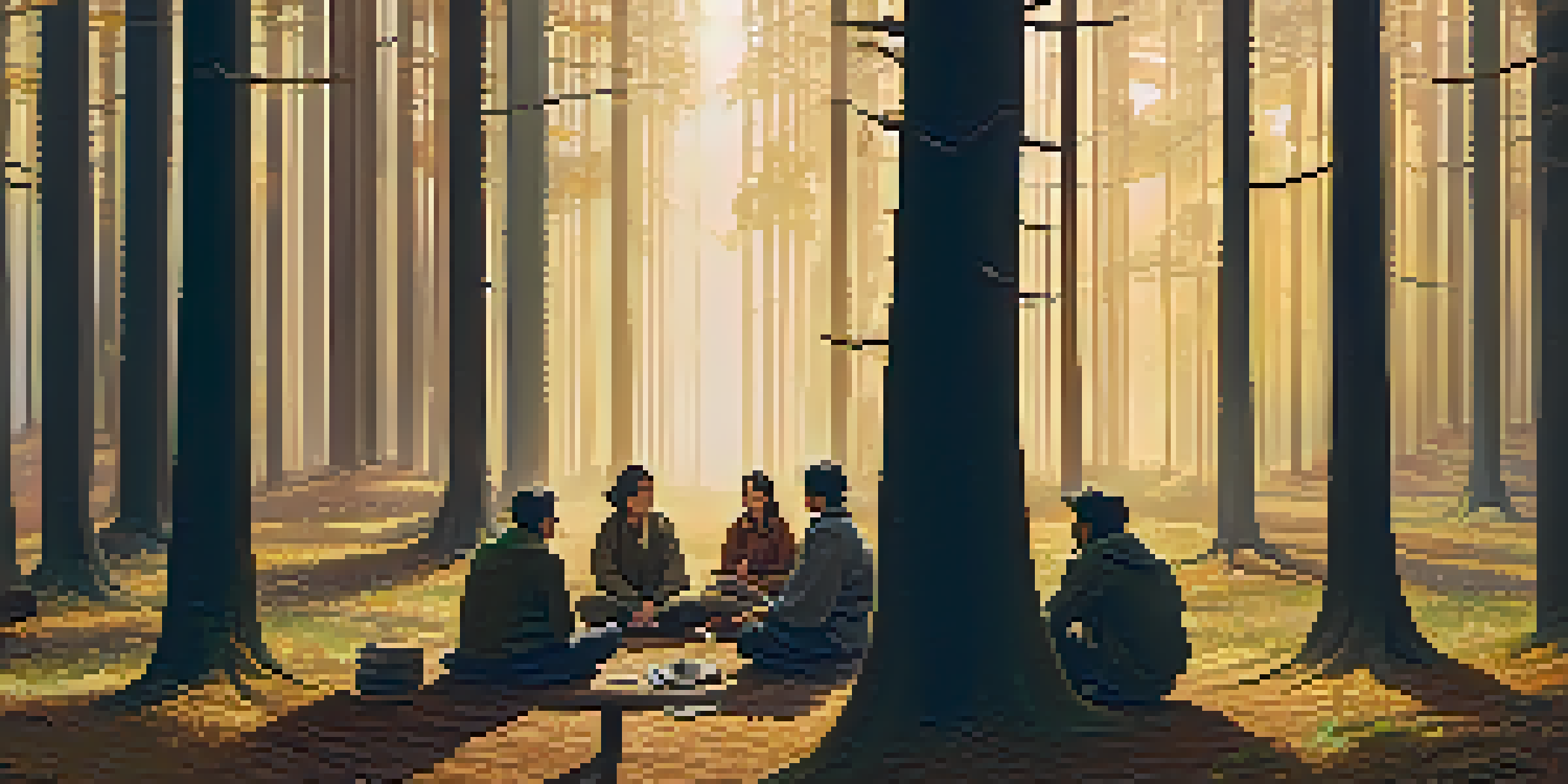 A diverse group of people sitting in a circle on the forest floor in a serene forest at dawn, with golden light filtering through the trees, showing expressions of contemplation.