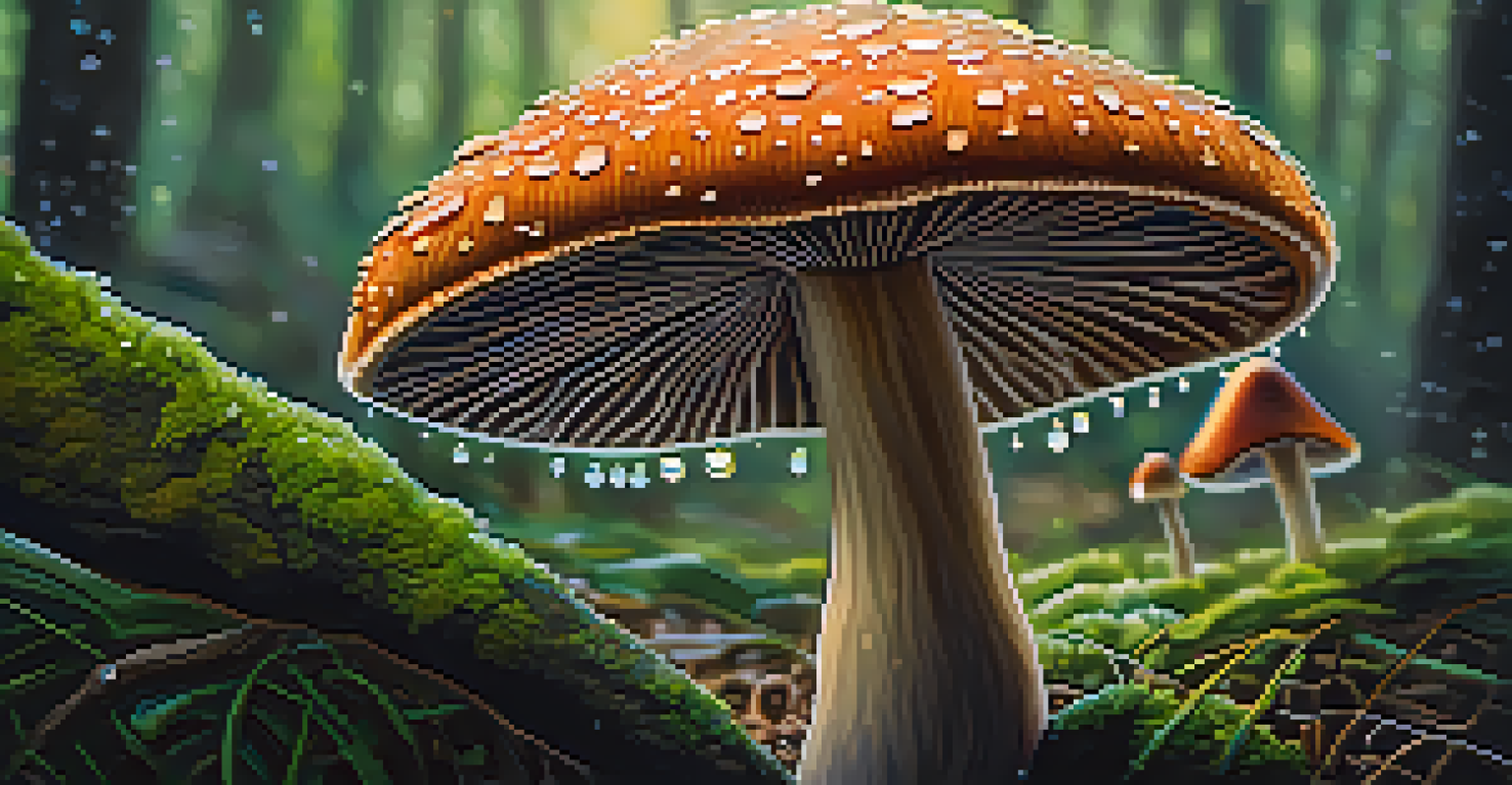 Close-up of a psilocybin mushroom in a damp forest, with dew drops and blurred green foliage in the background.
