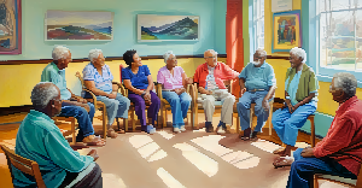 A diverse group of seniors in a circle at a community center, discussing spirituality and personal growth with warm expressions.
