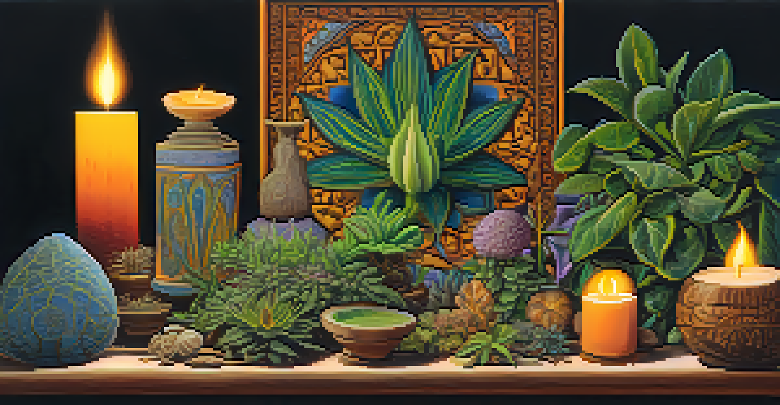 A close-up of sacred entheogenic plants arranged on a wooden altar, illuminated by soft candlelight, highlighting their textures and colors.
