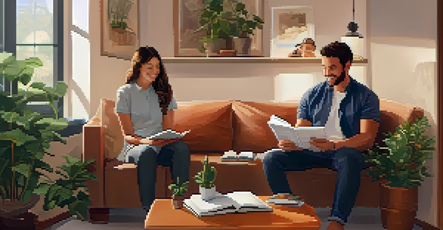 Two partners sitting on a couch, sharing a journal and smiling in a warm, inviting room.