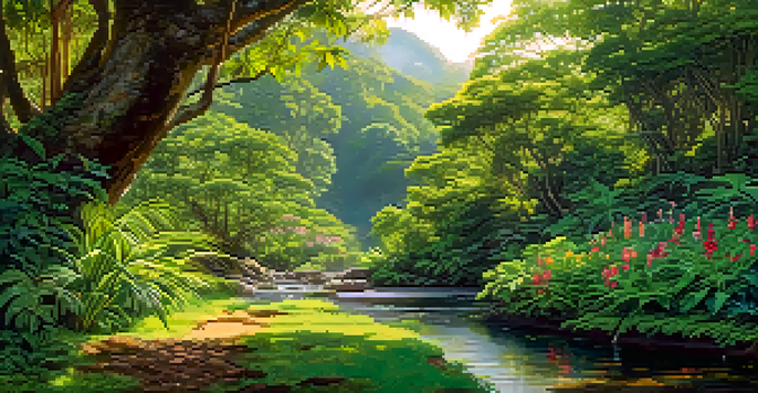 A vibrant jungle landscape with green foliage, a gentle stream, and colorful flowers under dappled sunlight.