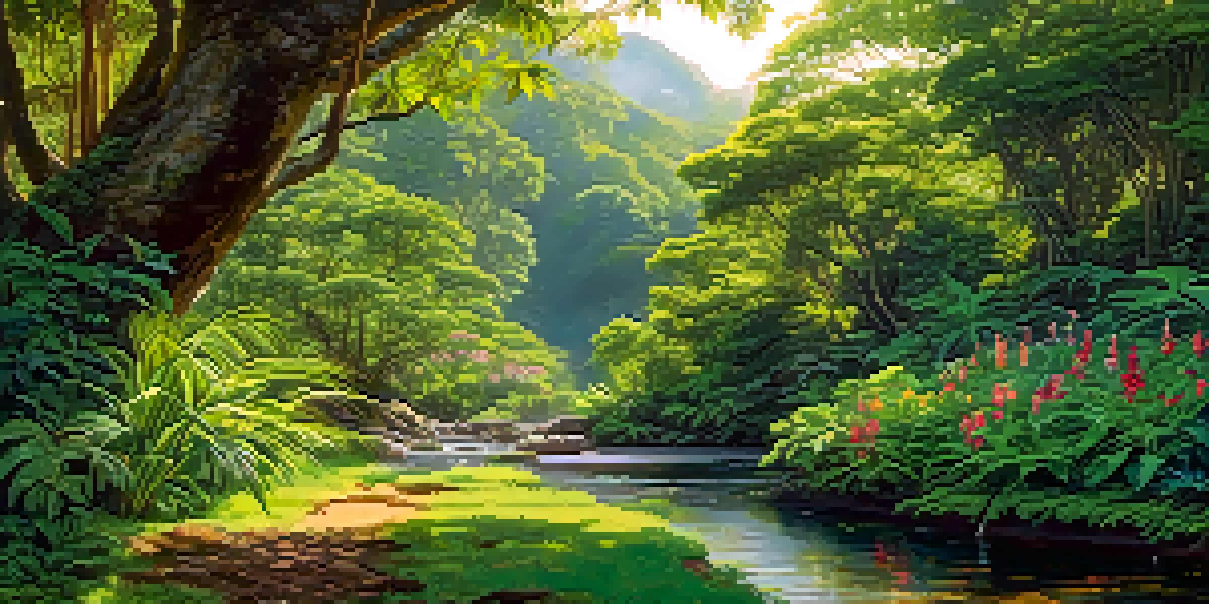 A vibrant jungle landscape with green foliage, a gentle stream, and colorful flowers under dappled sunlight.
