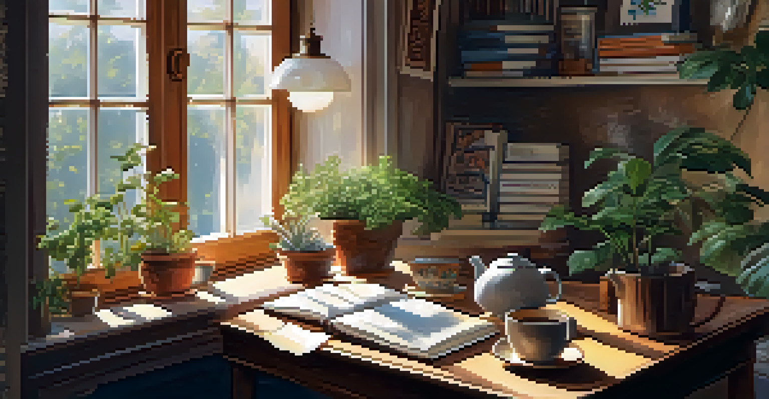 A warm indoor scene with a person at a table filled with journals and art supplies, sunlight filtering through a window.