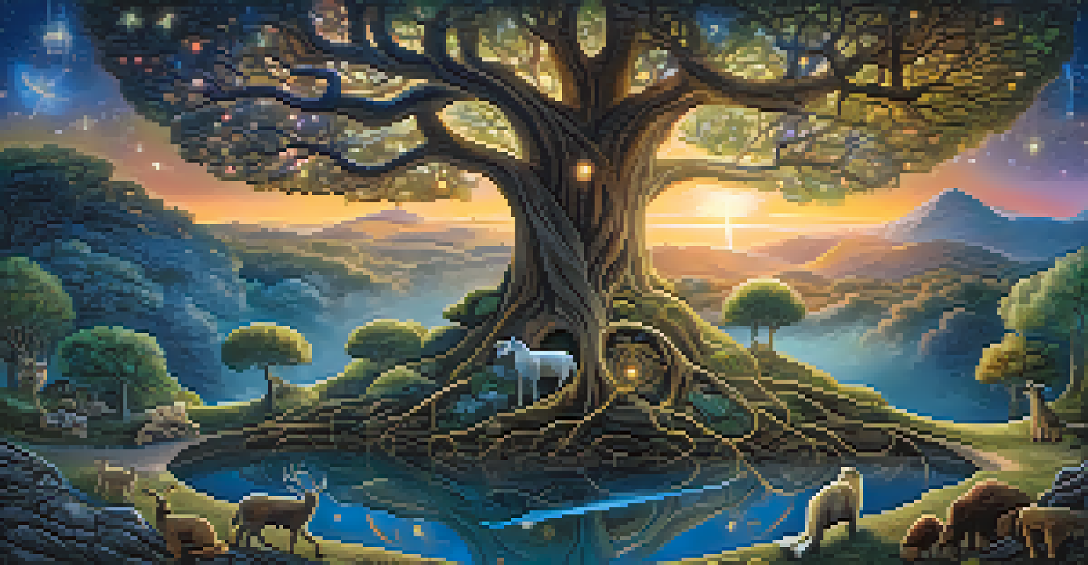 An abstract glowing tree surrounded by animals and plants, illustrating interconnectedness against a starry night sky.