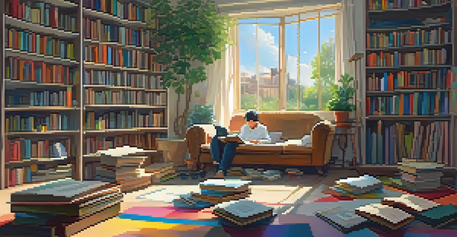 A cozy reading room with a person surrounded by books and colorful sketches, bathed in soft light.