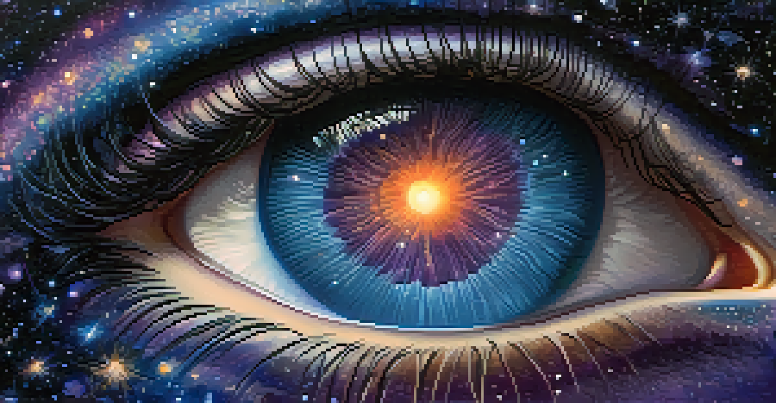 A close-up of an eye reflecting a cosmic landscape with stars and galaxies in vibrant colors.