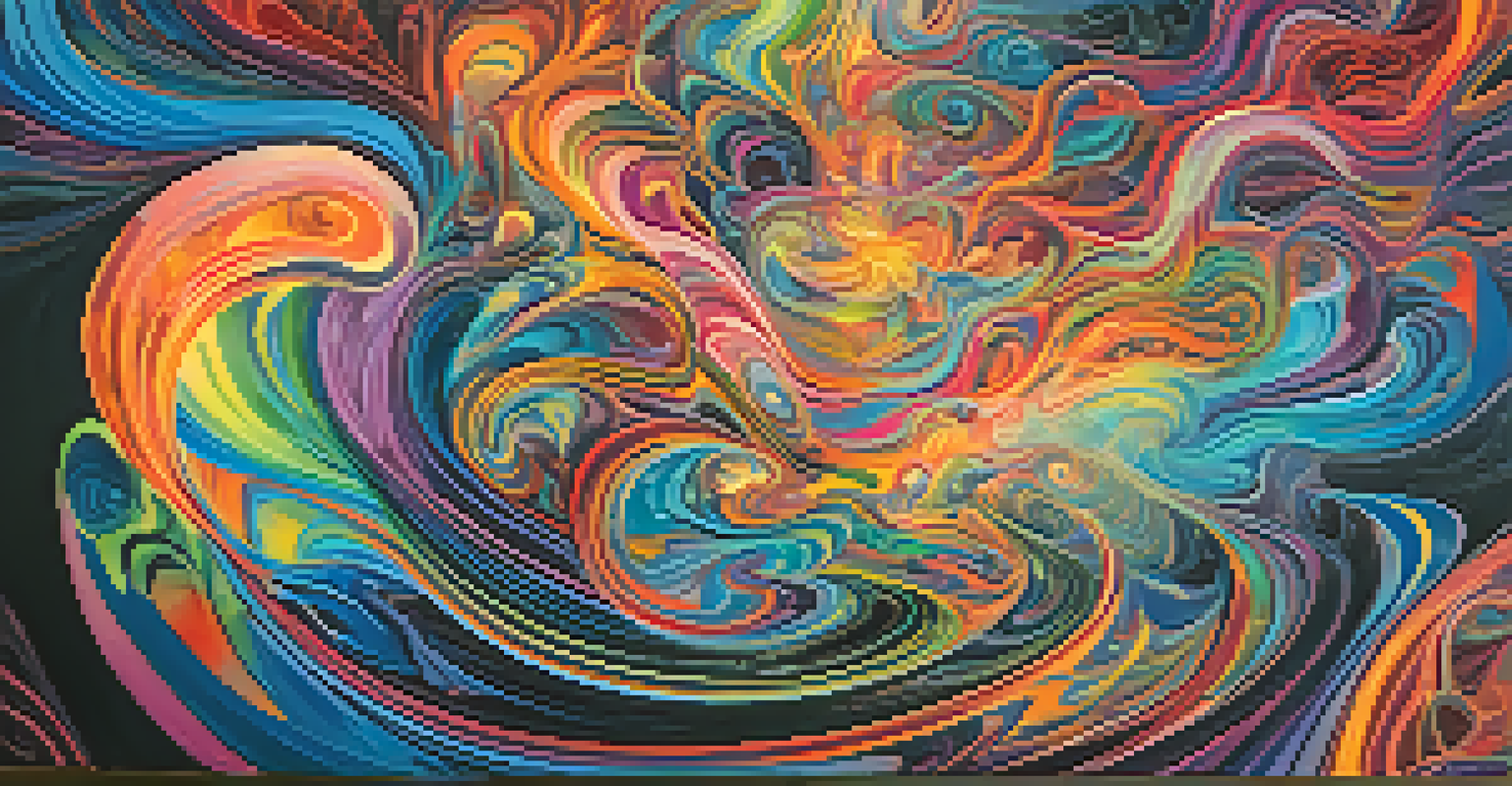An abstract depiction of a psychedelic experience, featuring vibrant colors and swirling patterns symbolizing emotional transformation.