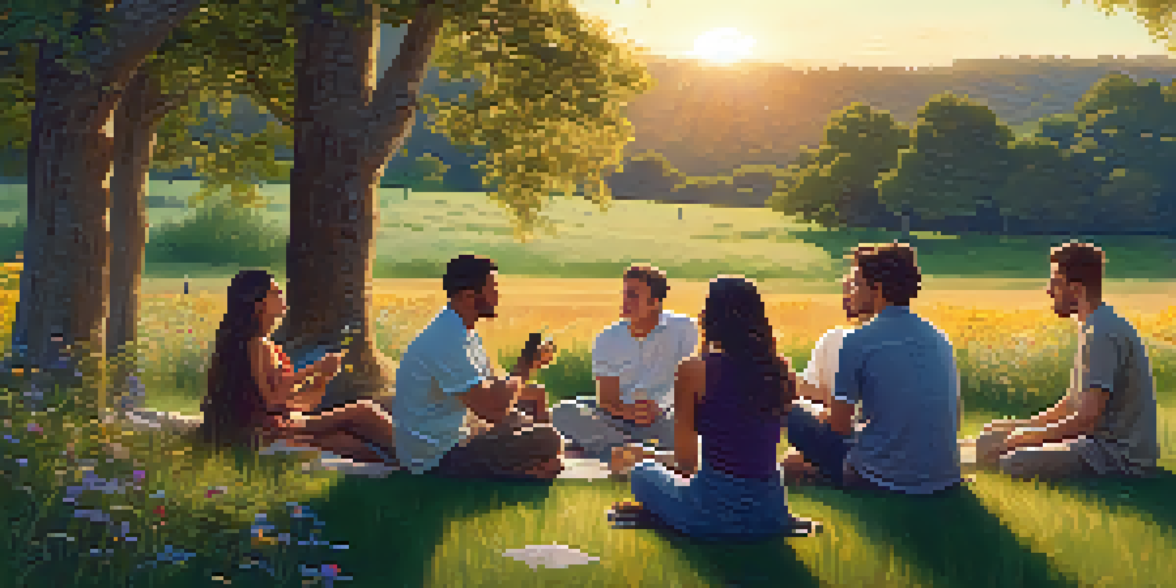 A diverse group of people sitting in a circle on grass during sunset, engaging in conversation, surrounded by trees and flowers.
