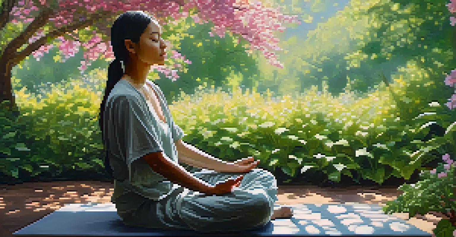A person meditating in a garden, surrounded by flowers and sunlight filtering through leaves.