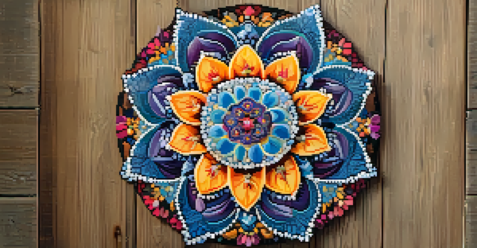A colorful mandala made of flowers and leaves on a wooden surface, illuminated by soft light.