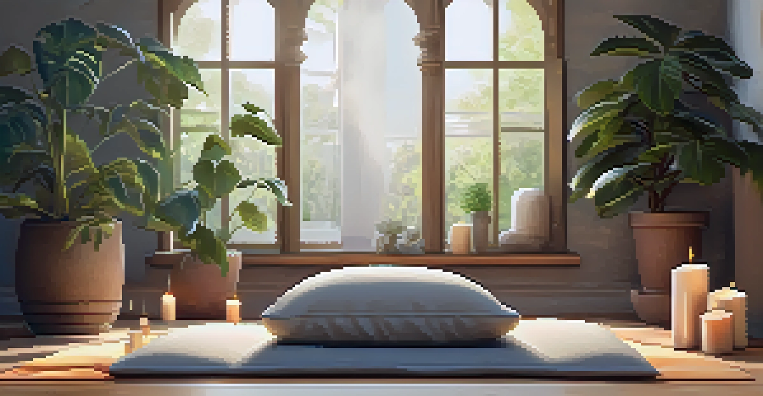 A peaceful meditation space with a cushion, plants, and an altar surrounded by soft light.