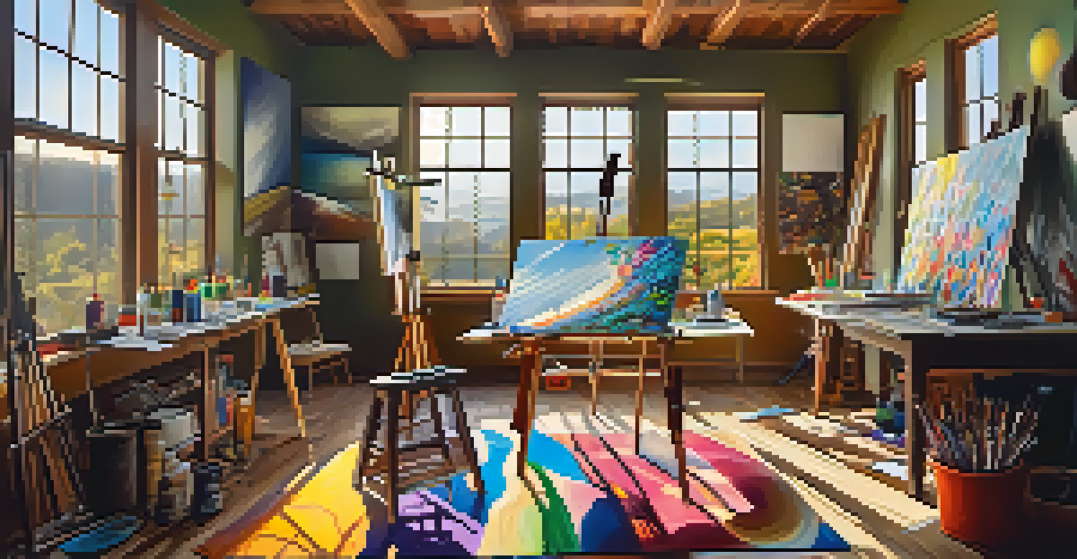 A vibrant artist's studio with scattered canvases and colorful paint supplies, sunlight illuminating a surreal painting on an easel.