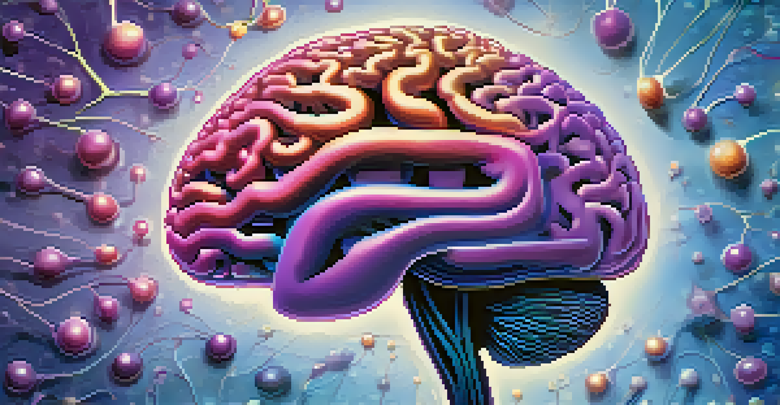 An artistic representation of a brain with colorful pathways and psilocybin mushrooms, illustrating neuroplasticity and healing.