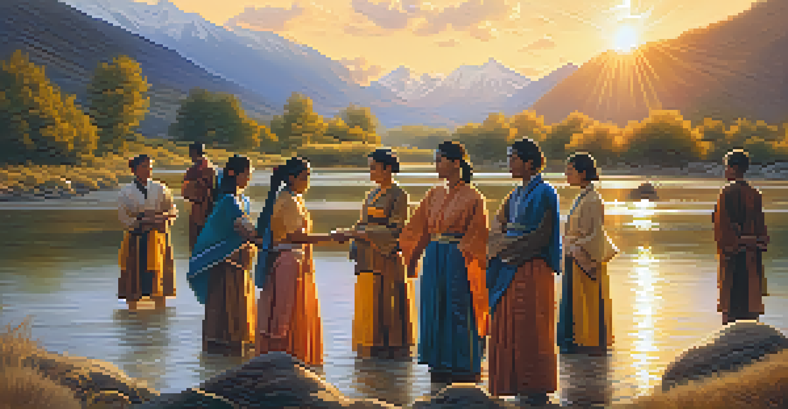 A group of individuals in traditional attire participating in a ritual by a river at sunset, with mountains in the background.