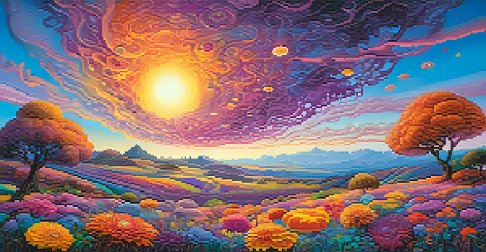 A surreal landscape with swirling colorful patterns, a gradient sky, and oversized flowers, creating a dreamlike atmosphere.