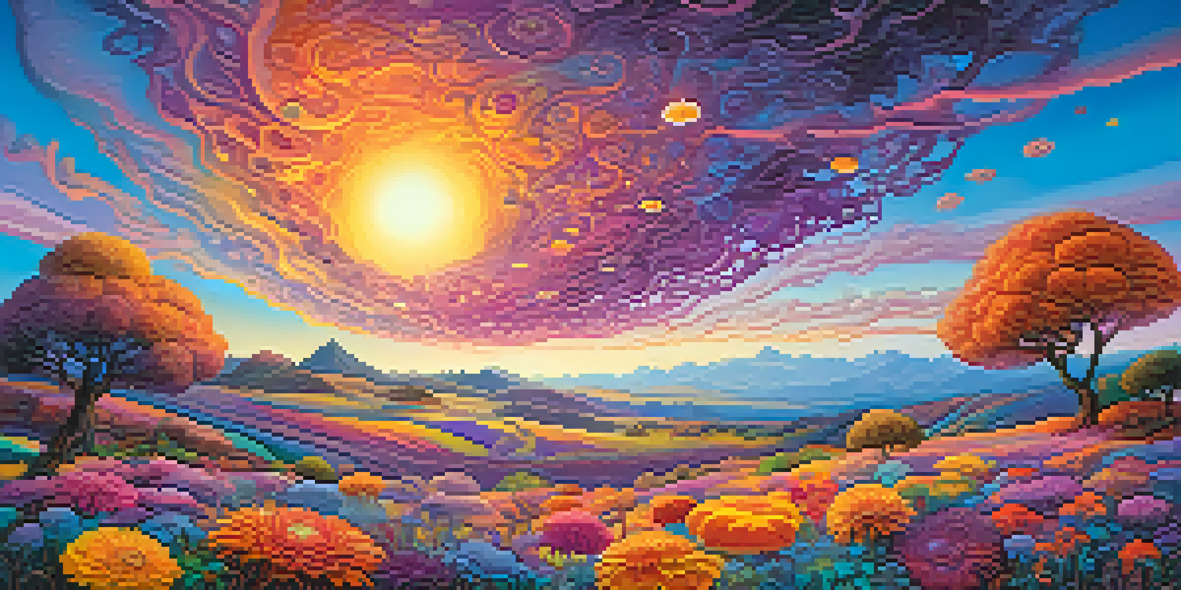 A surreal landscape with swirling colorful patterns, a gradient sky, and oversized flowers, creating a dreamlike atmosphere.