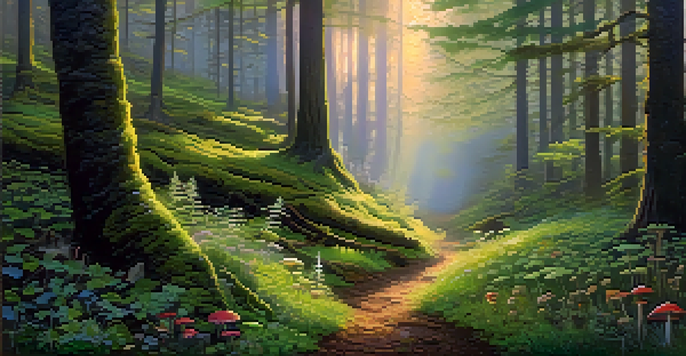 A tranquil forest with golden light through trees, featuring a mossy path and a circle of colorful mushrooms.