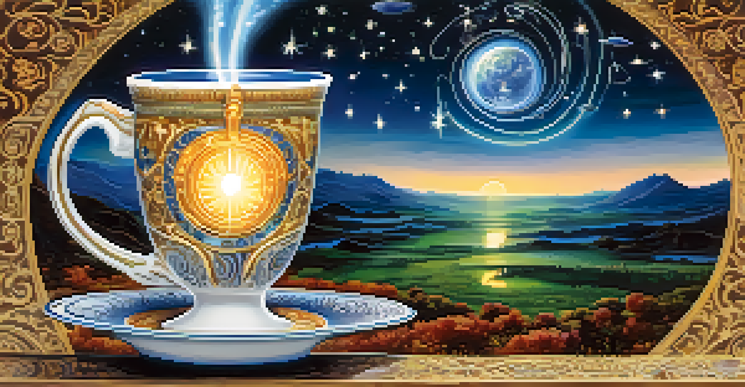 A glowing cup representing Soma, surrounded by cosmic elements and a lush landscape, symbolizing nature and spirituality.