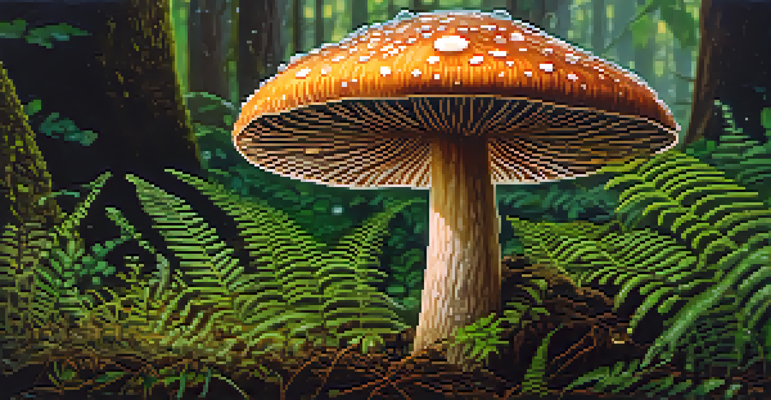 A detailed close-up of a psilocybin mushroom in a forest, surrounded by green ferns and illuminated by sunlight.