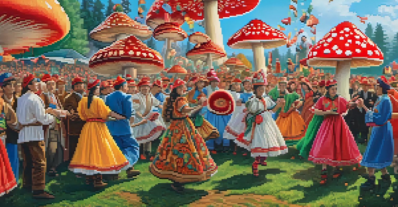 A vibrant folk art scene of a Siberian festival with people dancing around a large Amanita muscaria mushroom.